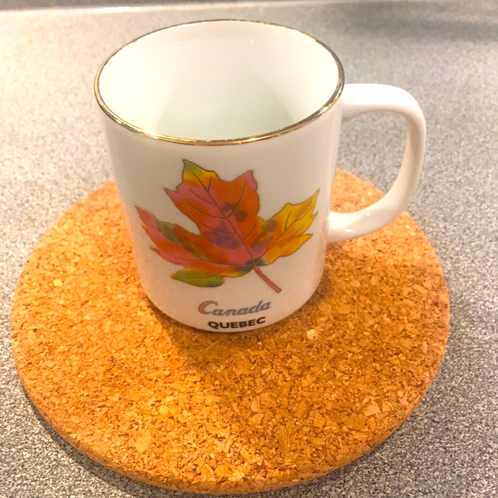 Canada Quebec White Mug Pink Yellow Gold Maple Leaf Design